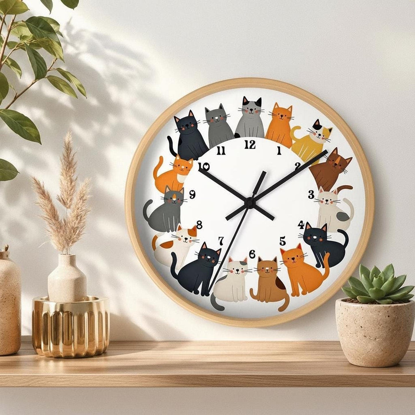 Cat Wall Clock: Playful Kitty Decor with Colorful Design and Wood Frame