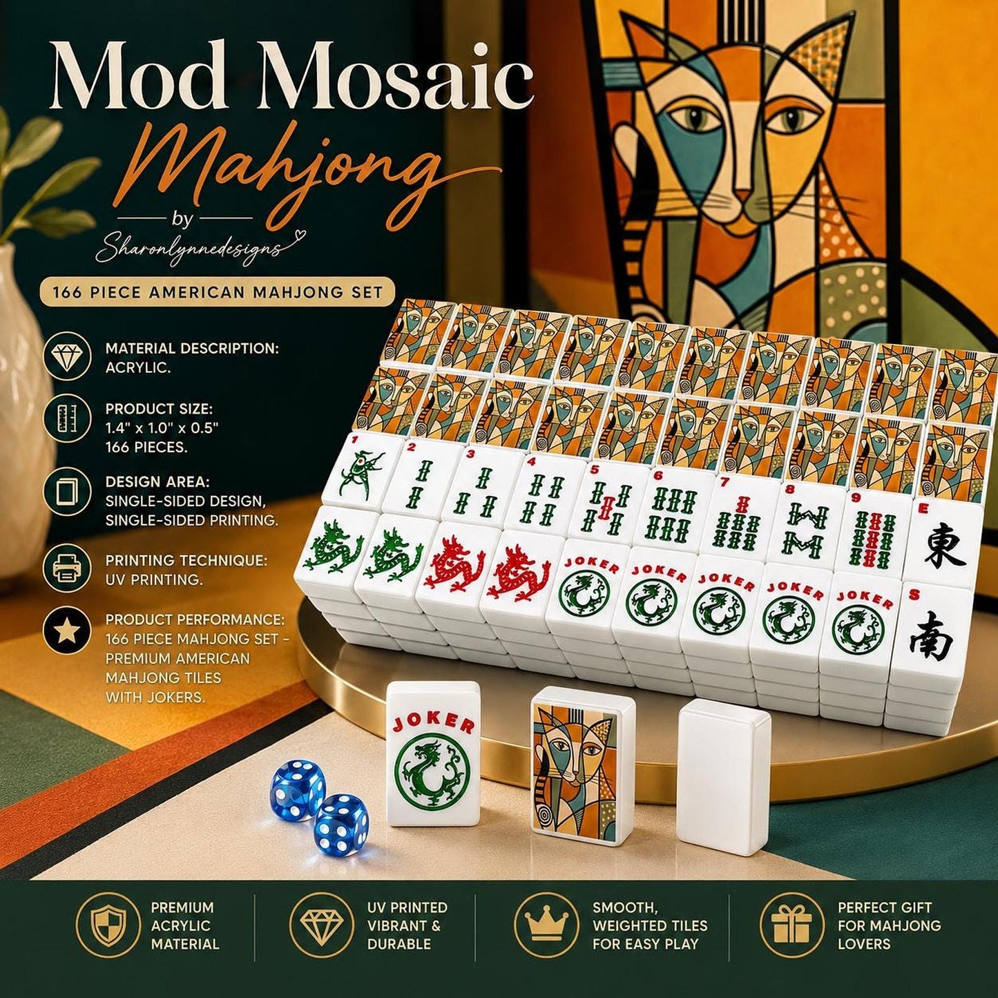 Mod Mosaic Mahjong Set, Cubist Cat Acrylic Tiles, Geometric Design (166-Piece)