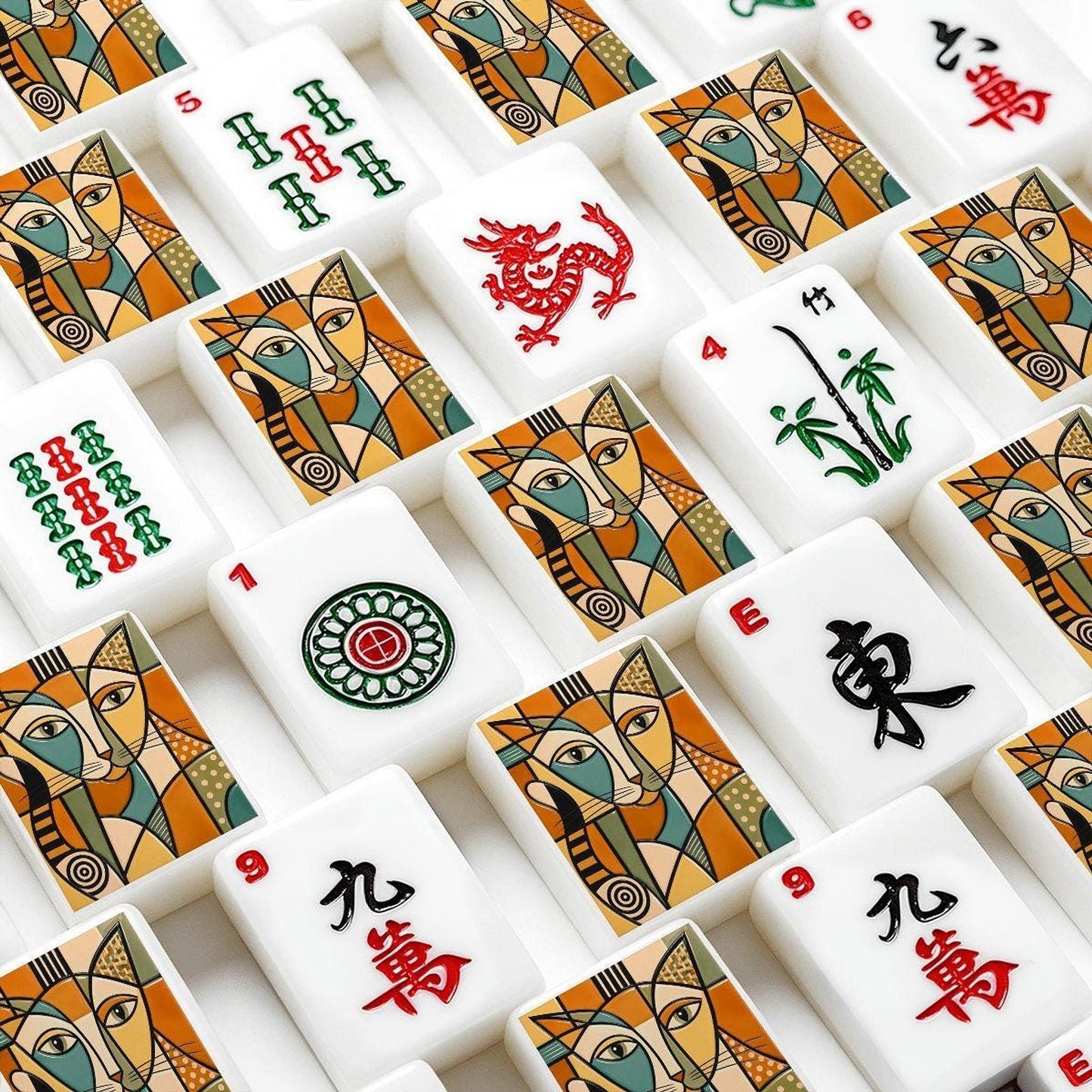 Mod Mosaic Mahjong Set, Cubist Cat Acrylic Tiles, Geometric Design (166-Piece)