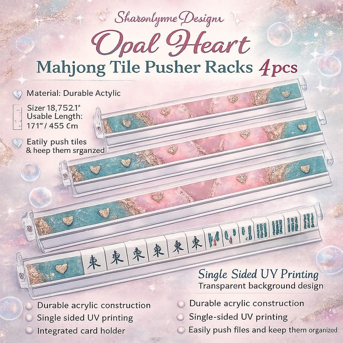 Mahjong Pusher Rack Set, Opal Heart Design with 4 Durable