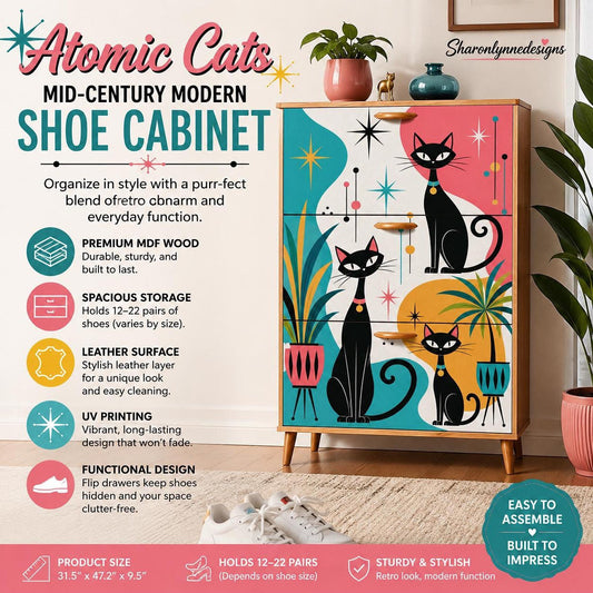 Mid-Century Shoe Cabinet with Colorful Atomic Cats Design, MDF Wood Storage Solution