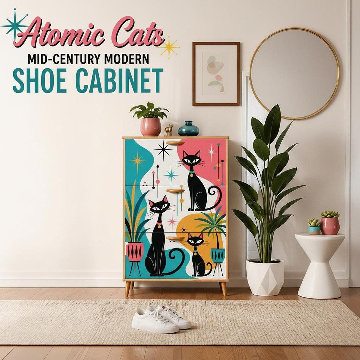 Mid-Century Shoe Cabinet with Colorful Atomic Cats Design, MDF Wood Storage Solution