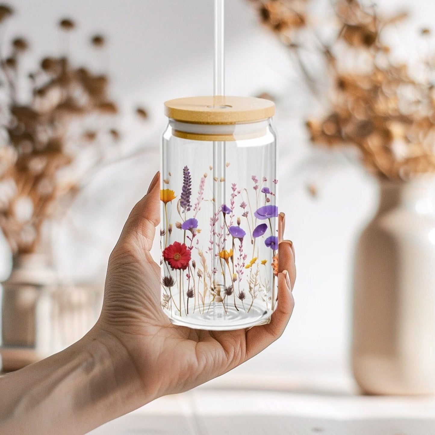 Pressed Flower Glass Sipper, 16oz Tempered Tumbler with Bamboo Lid Option