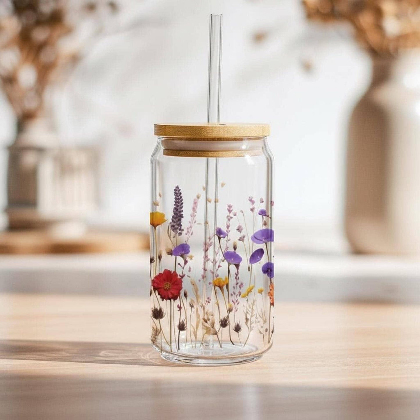Pressed Flower Glass Sipper, 16oz Tempered Tumbler with Bamboo Lid Option