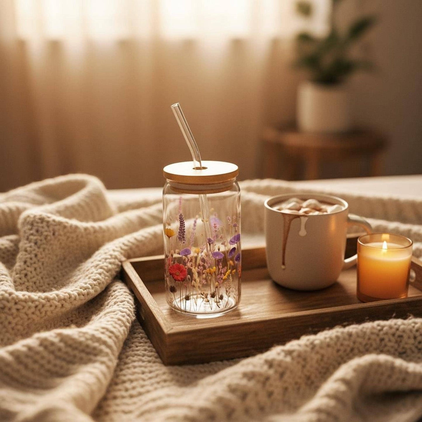 Pressed Flower Glass Sipper, 16oz Tempered Tumbler with Bamboo Lid Option