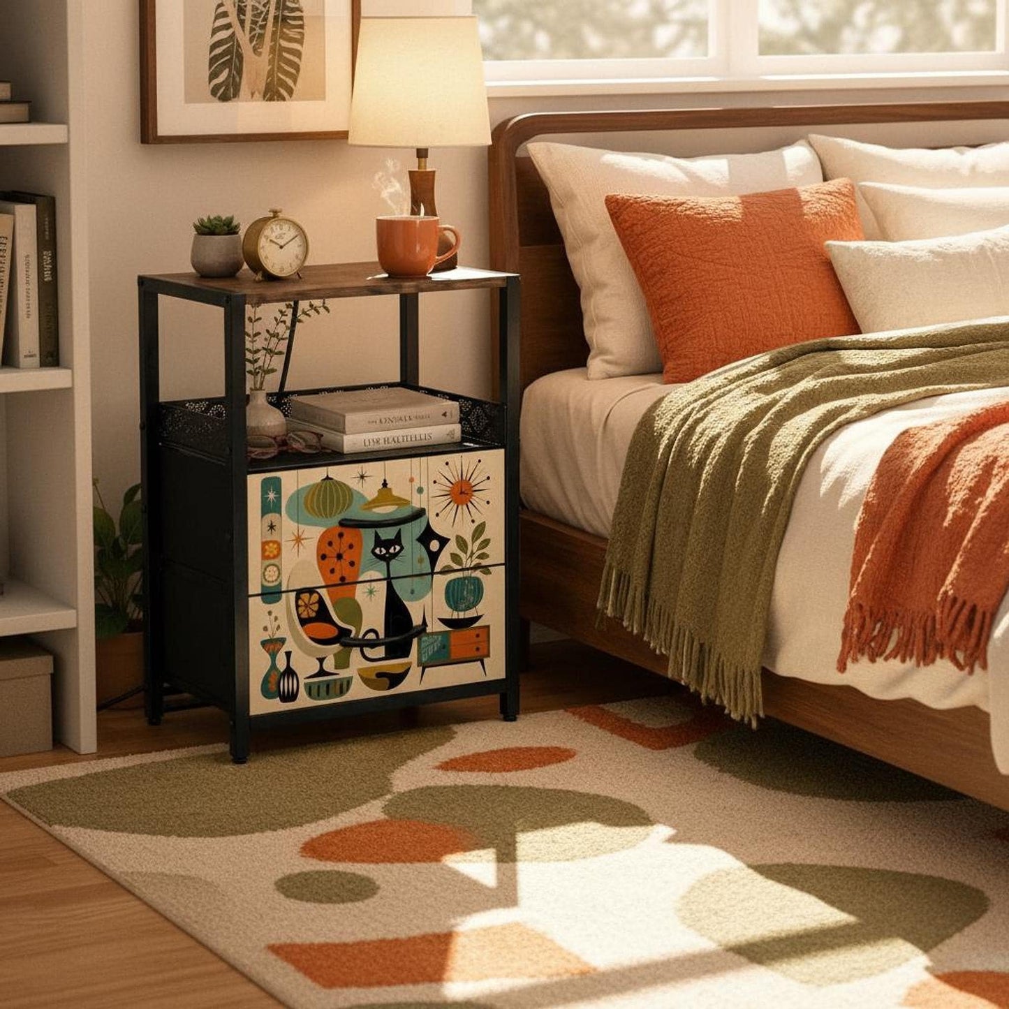 Modern Bedside Table with Power Strip, 2-Drawer MDF Nightstand and Retro Artwork
