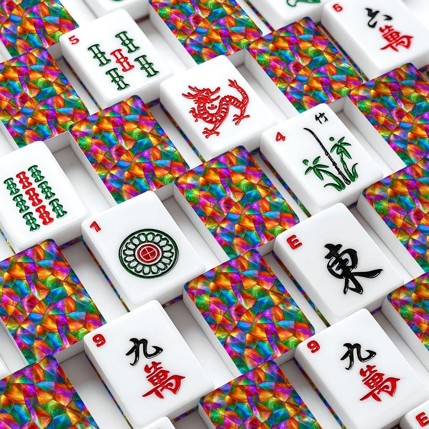 Colorful Acrylic Mahjong Tile Set with Prism Radiance Design