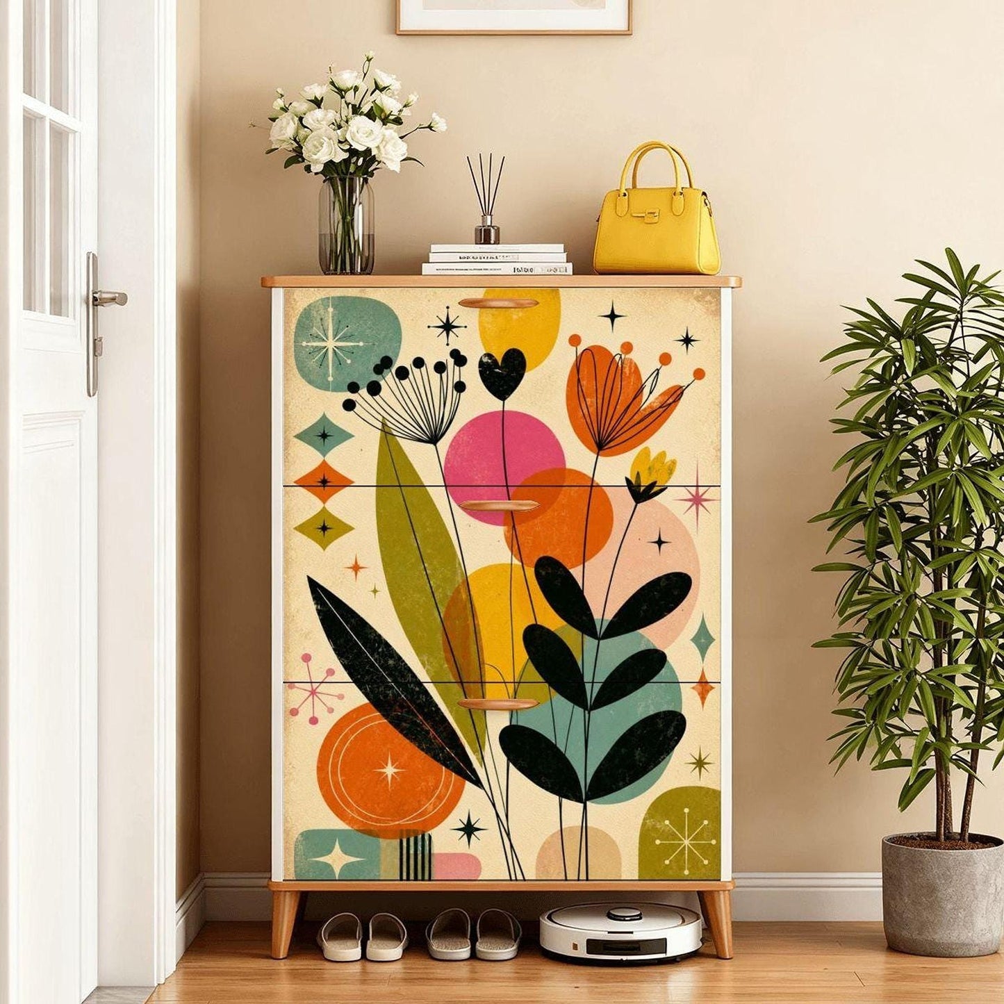 Mid Century Cabinet with Atomic Bloom Design, Colorful Shoe Storage Organizer