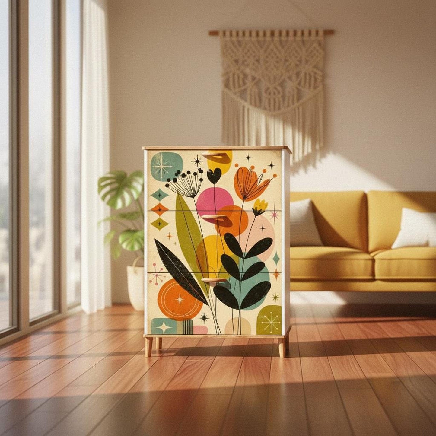 Mid Century Cabinet with Atomic Bloom Design, Colorful Shoe Storage Organizer
