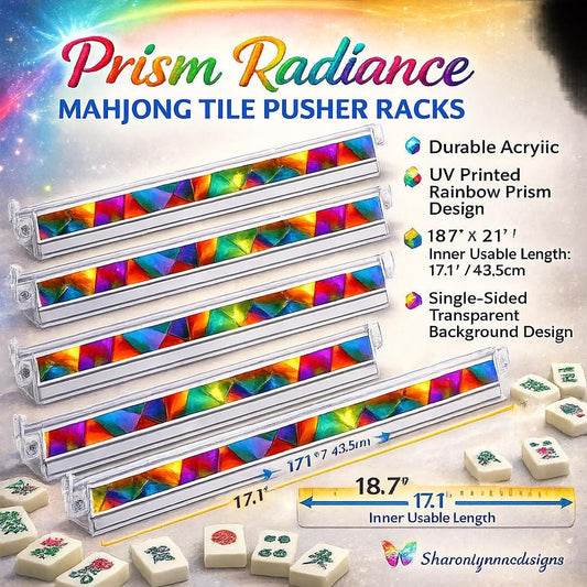 Mahjong Tile Pushers – Set of 4 Prism Radiance Acrylic Racks with Rainbow Design