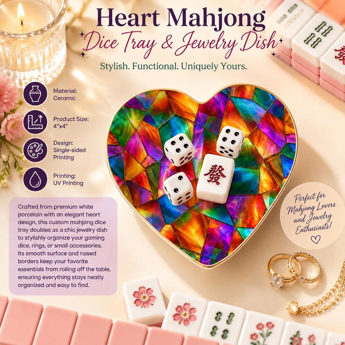 Mahjong Dice Tray, Heart-Shaped Ceramic Dish with Prism Design