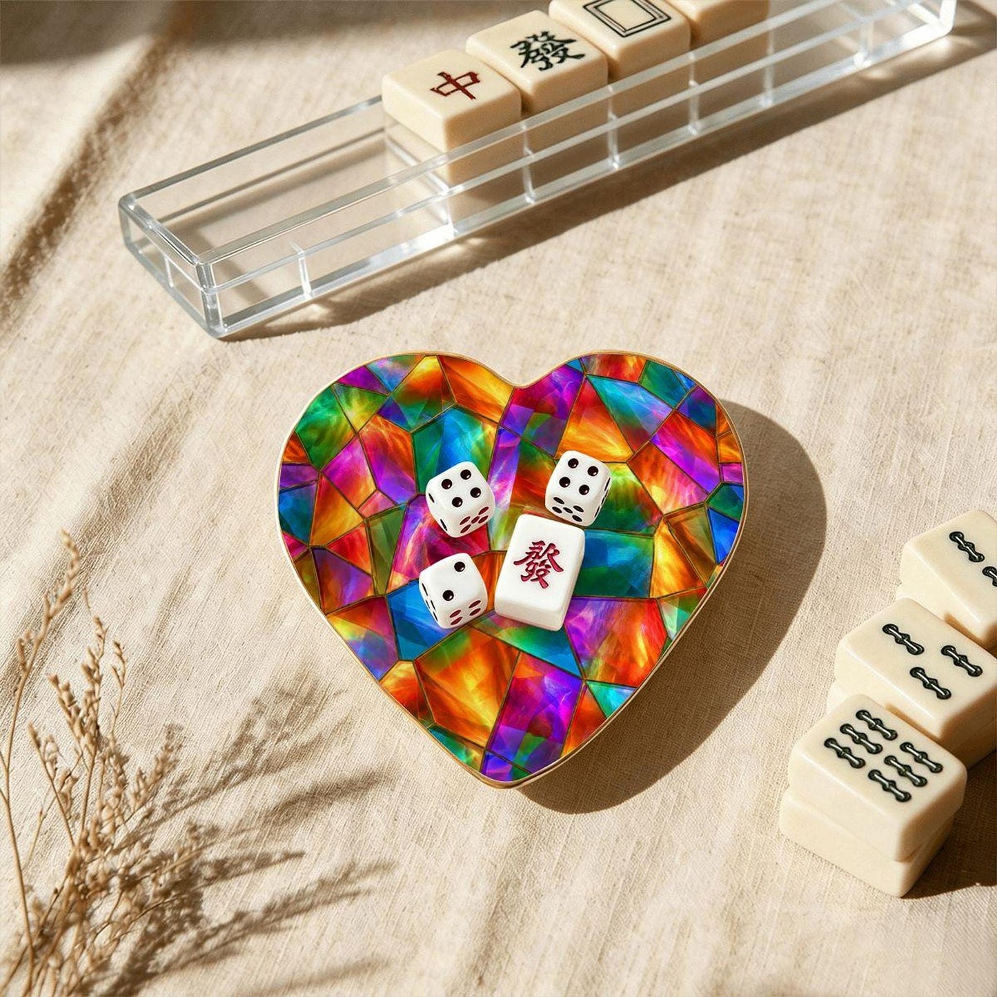Mahjong Dice Tray, Heart-Shaped Ceramic Dish with Prism Design
