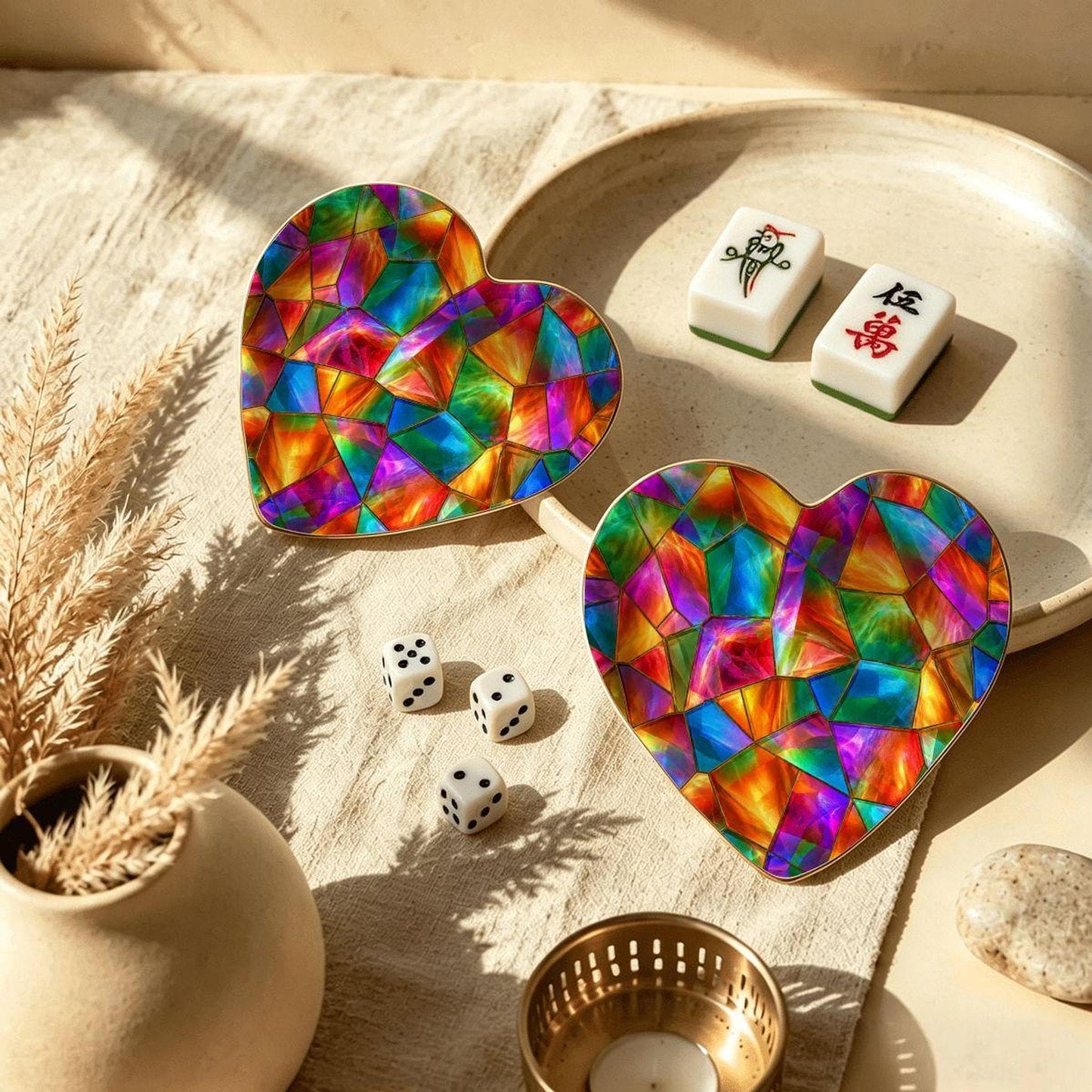 Mahjong Dice Tray, Heart-Shaped Ceramic Dish with Prism Design