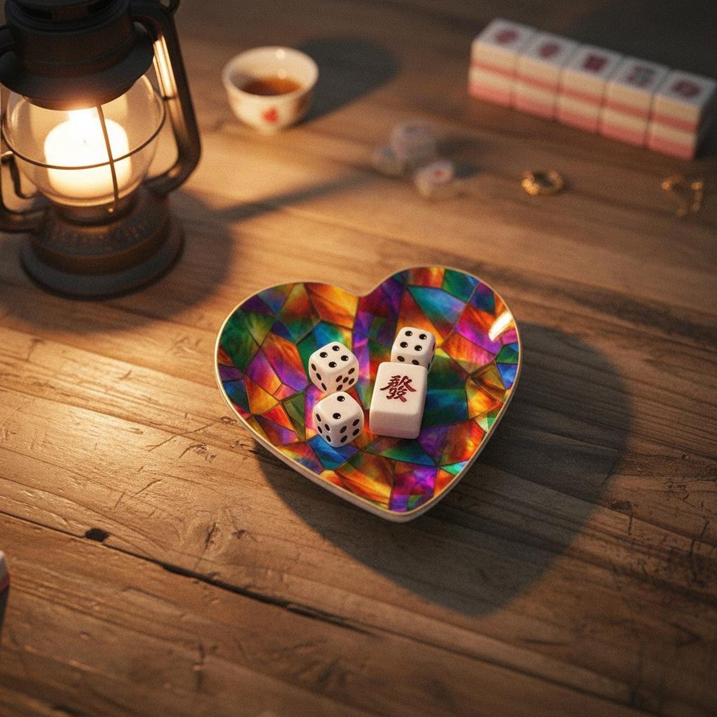 Mahjong Dice Tray, Heart-Shaped Ceramic Dish with Prism Design