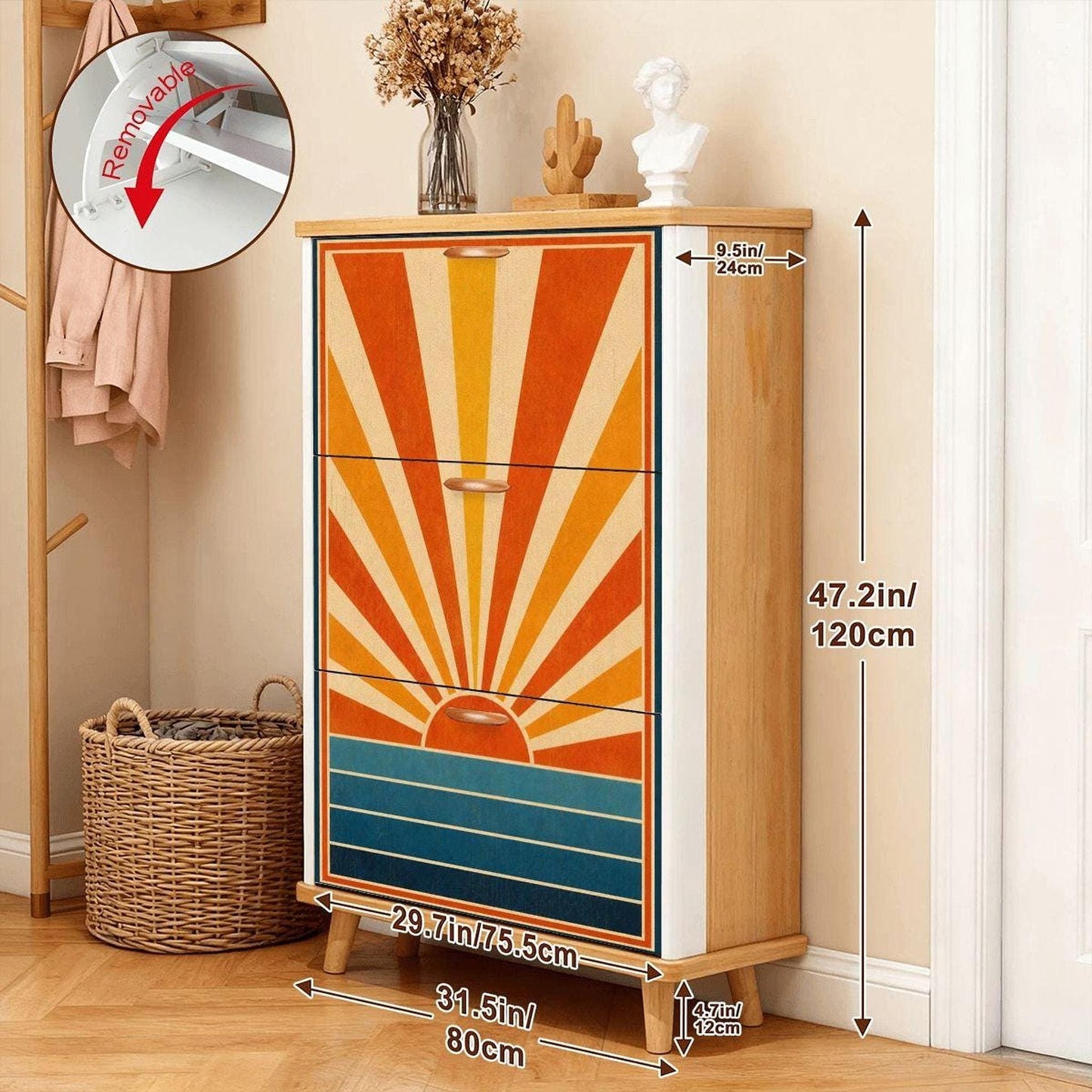 Mid Century Decor Golden Horizon Shoe Cabinet | Retro Entryway Storage with Flip Doors