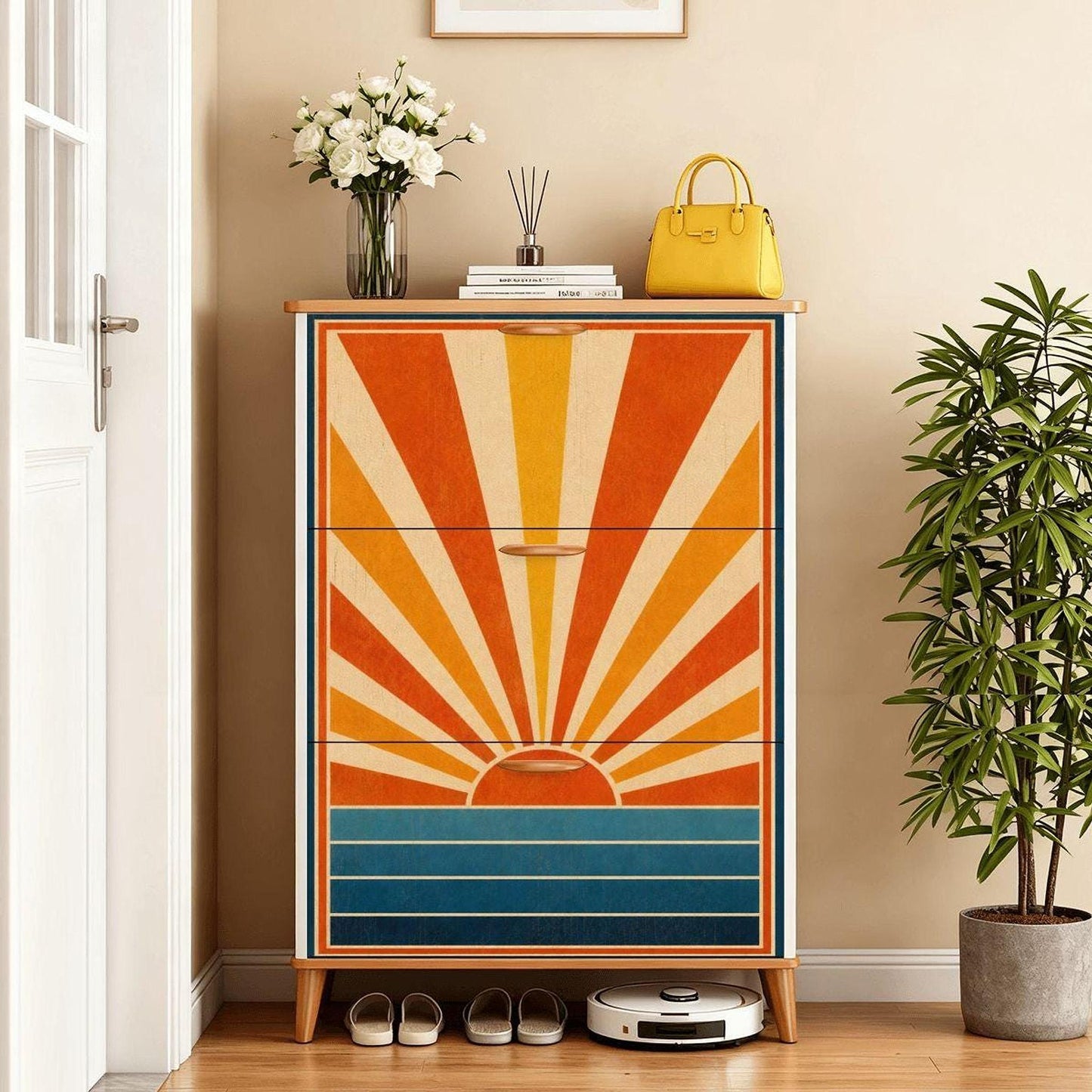 Mid Century Decor Golden Horizon Shoe Cabinet | Retro Entryway Storage with Flip Doors