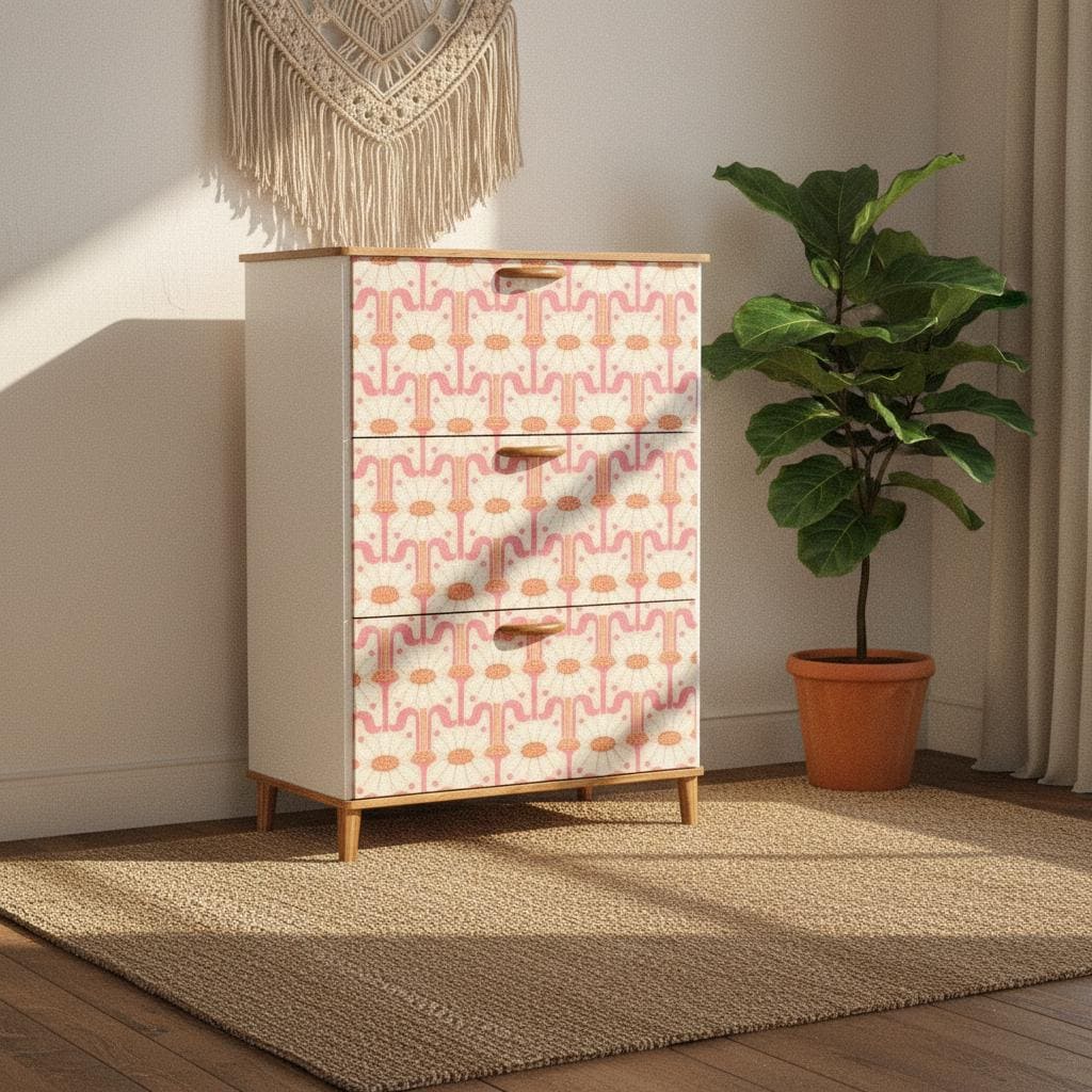 Daisy Shoe Cabinet, Retro Floral Storage with 3 Flip Drawers