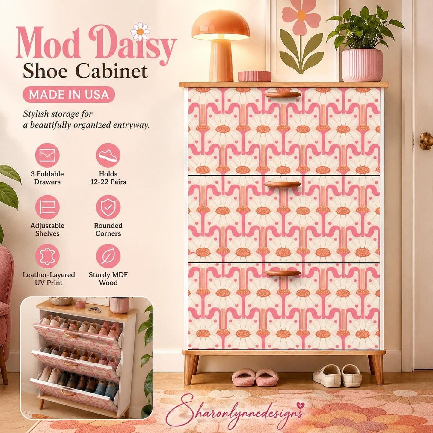 Daisy Shoe Cabinet, Retro Floral Storage with 3 Flip Drawers