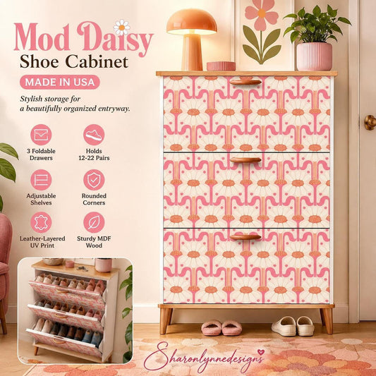 Daisy Shoe Cabinet, Retro Floral Storage with 3 Flip Drawers