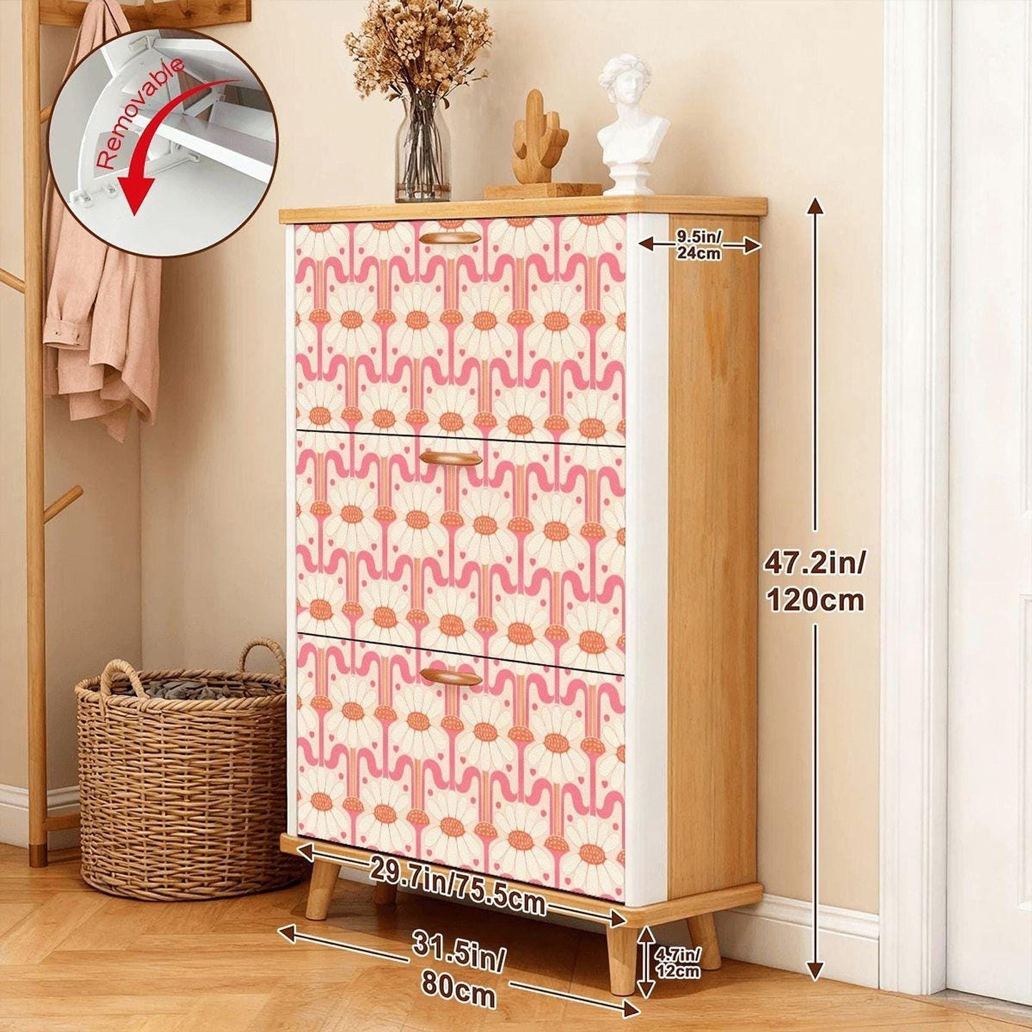 Daisy Shoe Cabinet, Retro Floral Storage with 3 Flip Drawers