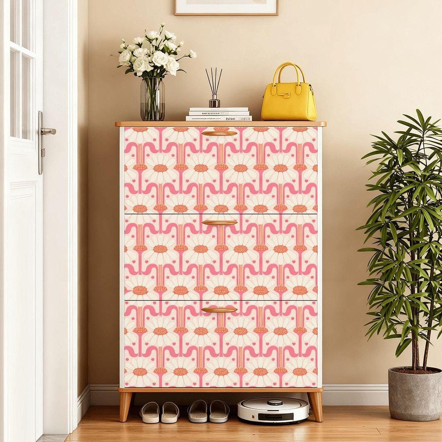 Daisy Shoe Cabinet, Retro Floral Storage with 3 Flip Drawers