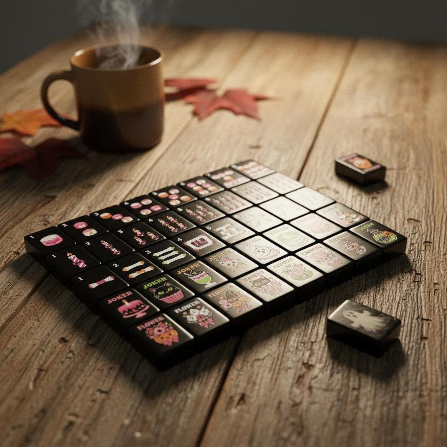 Ghost Mahjong Tile Set, 160-Piece Black Acrylic with Pastel Halloween Artwork