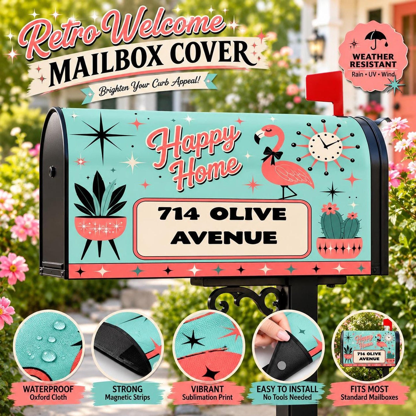Custom Mailbox Cover with Retro Flamingo Design, Personalized Outdoor Decor