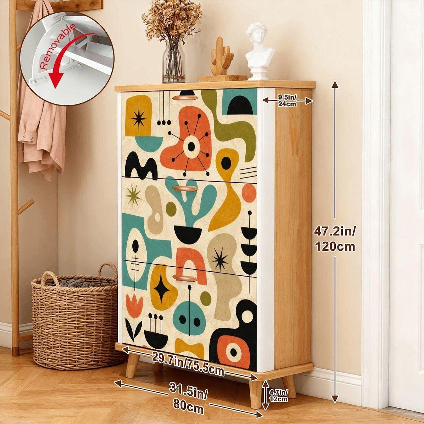 Shoe Storage Cabinet with Retro Design, Mid-Century Modern Entryway Organizer