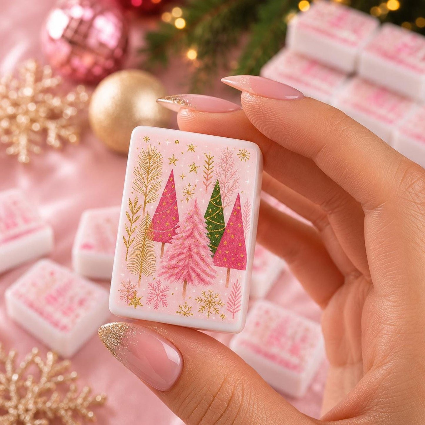 Christmas Mahjong Set with Pink Trees, 160-Piece Acrylic Tile Collection