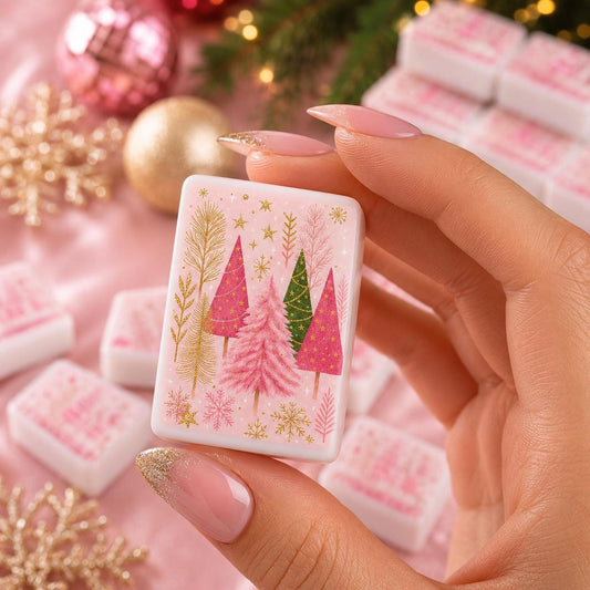 Christmas Mahjong Set with Pink Trees, 160-Piece Acrylic Tile Collection