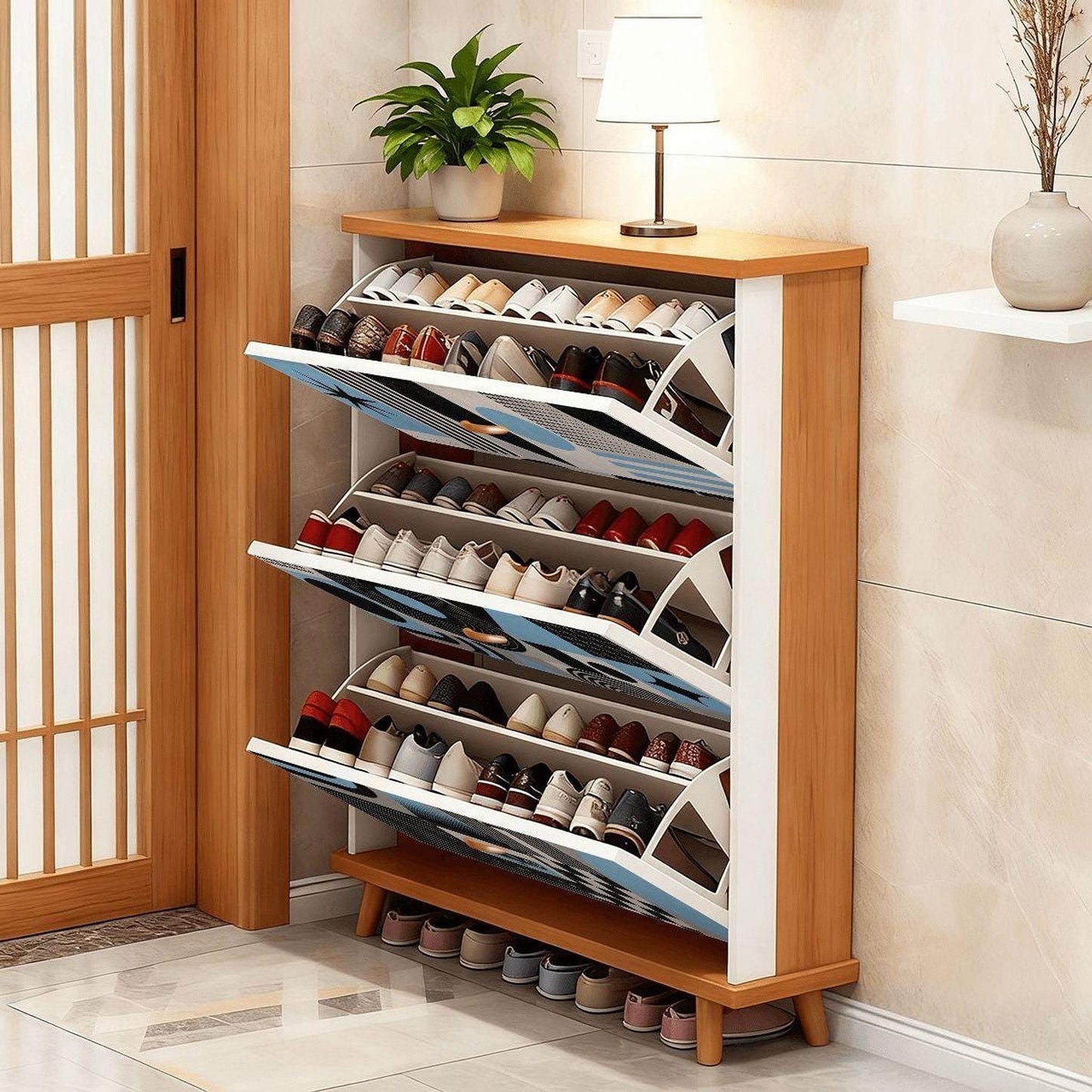 Shoe Cabinet with Geometric Design, Blue Echo Organizer for Modern Spaces