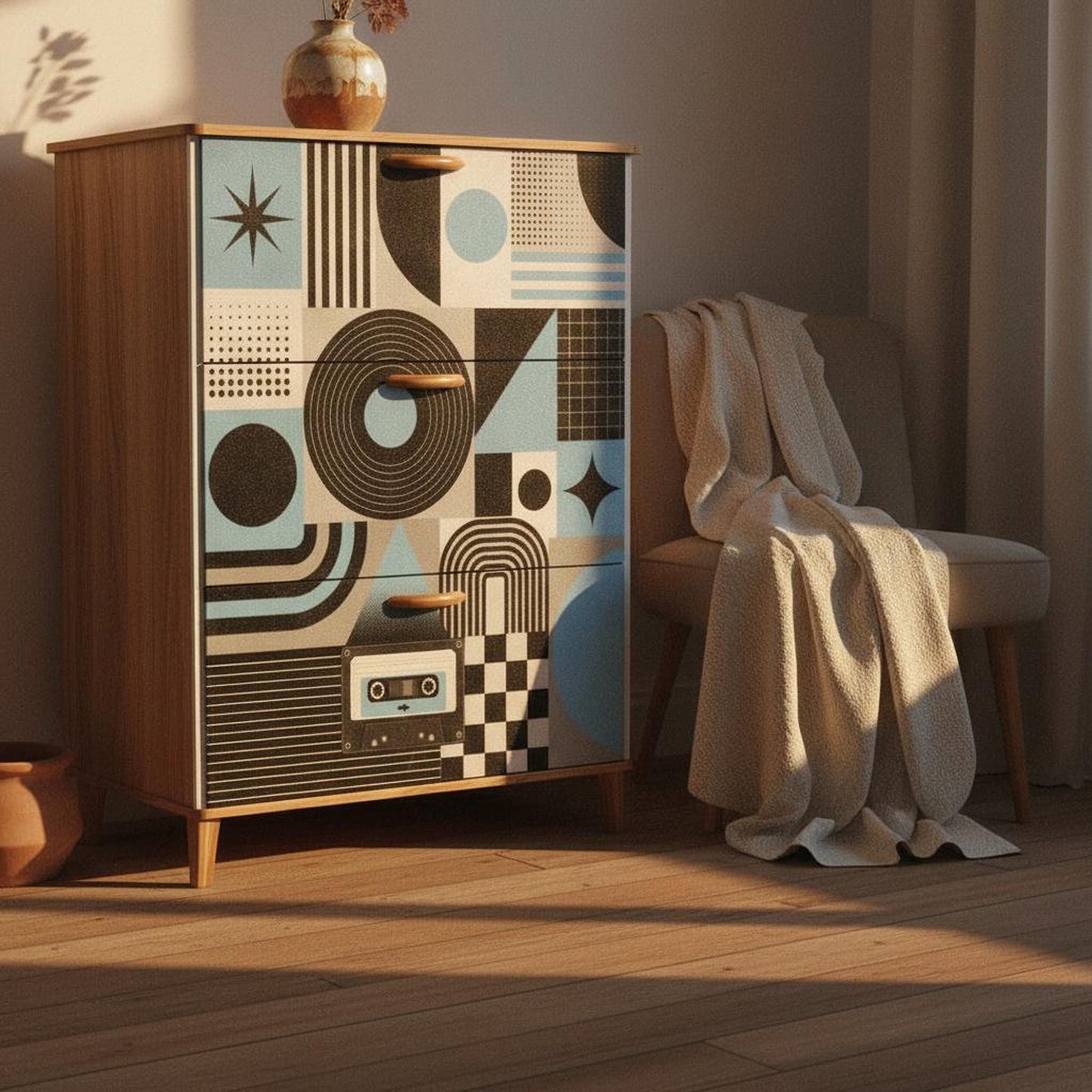 Shoe Cabinet with Geometric Design, Blue Echo Organizer for Modern Spaces