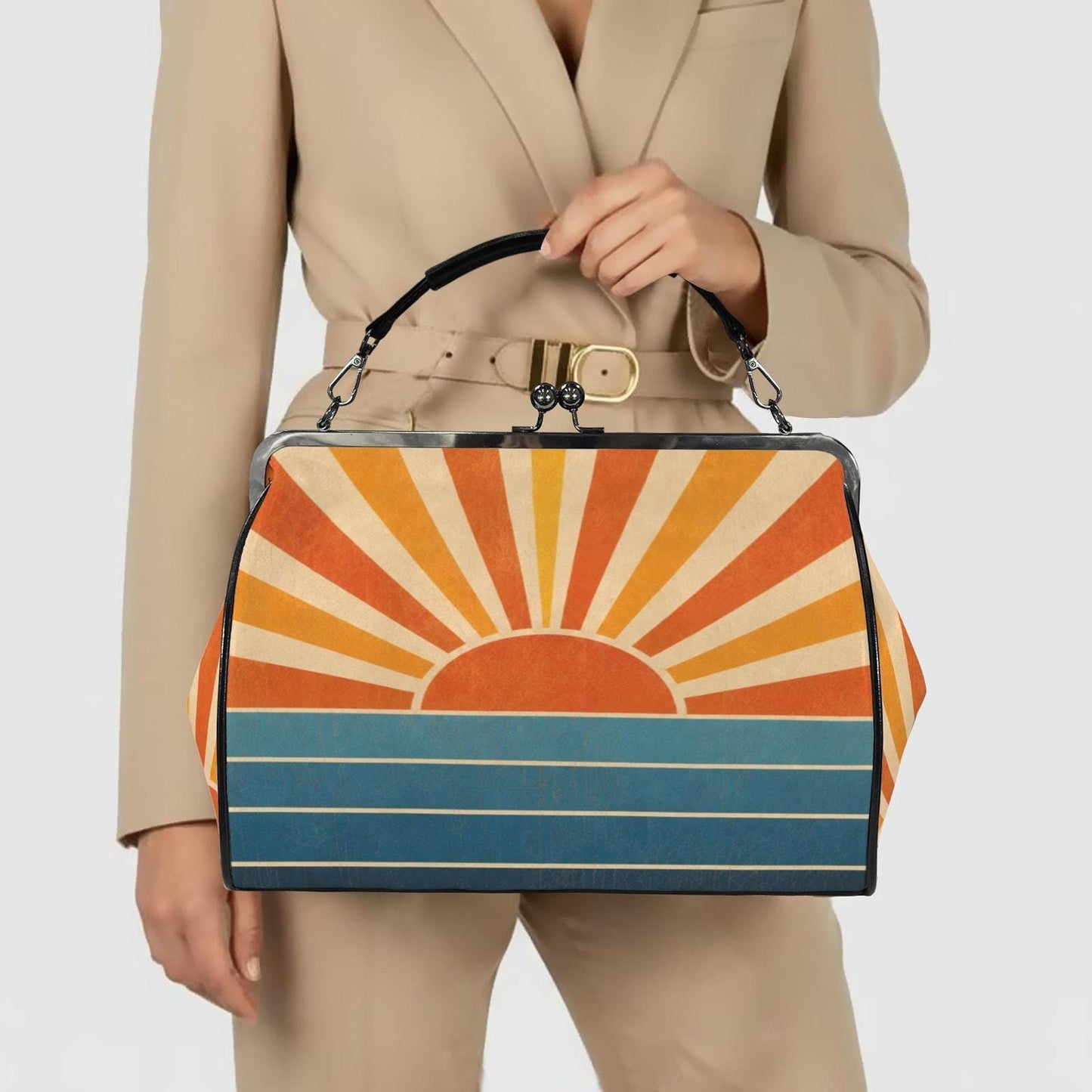 Retro Kisslock Bag, Large Vintage Crossbody Purse with Sunrise Pattern