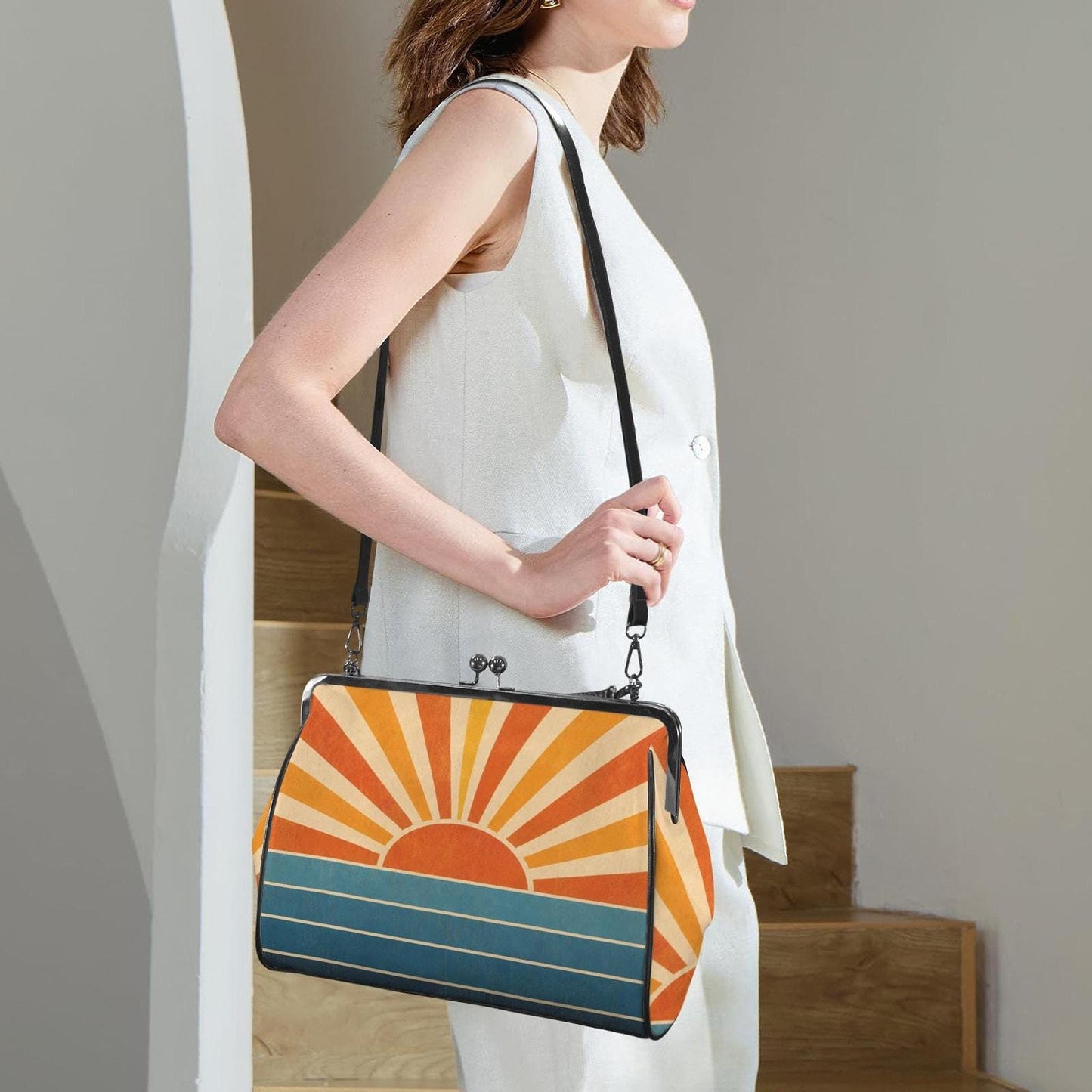 Retro Kisslock Bag, Large Vintage Crossbody Purse with Sunrise Pattern