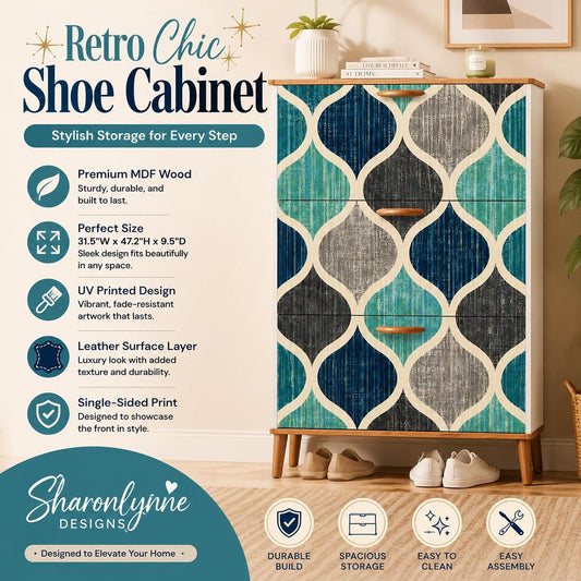 Retro Chic Shoe Storage Mid-Century Cabinet with Colorful Mosaic Design and 3 Flip Drawers