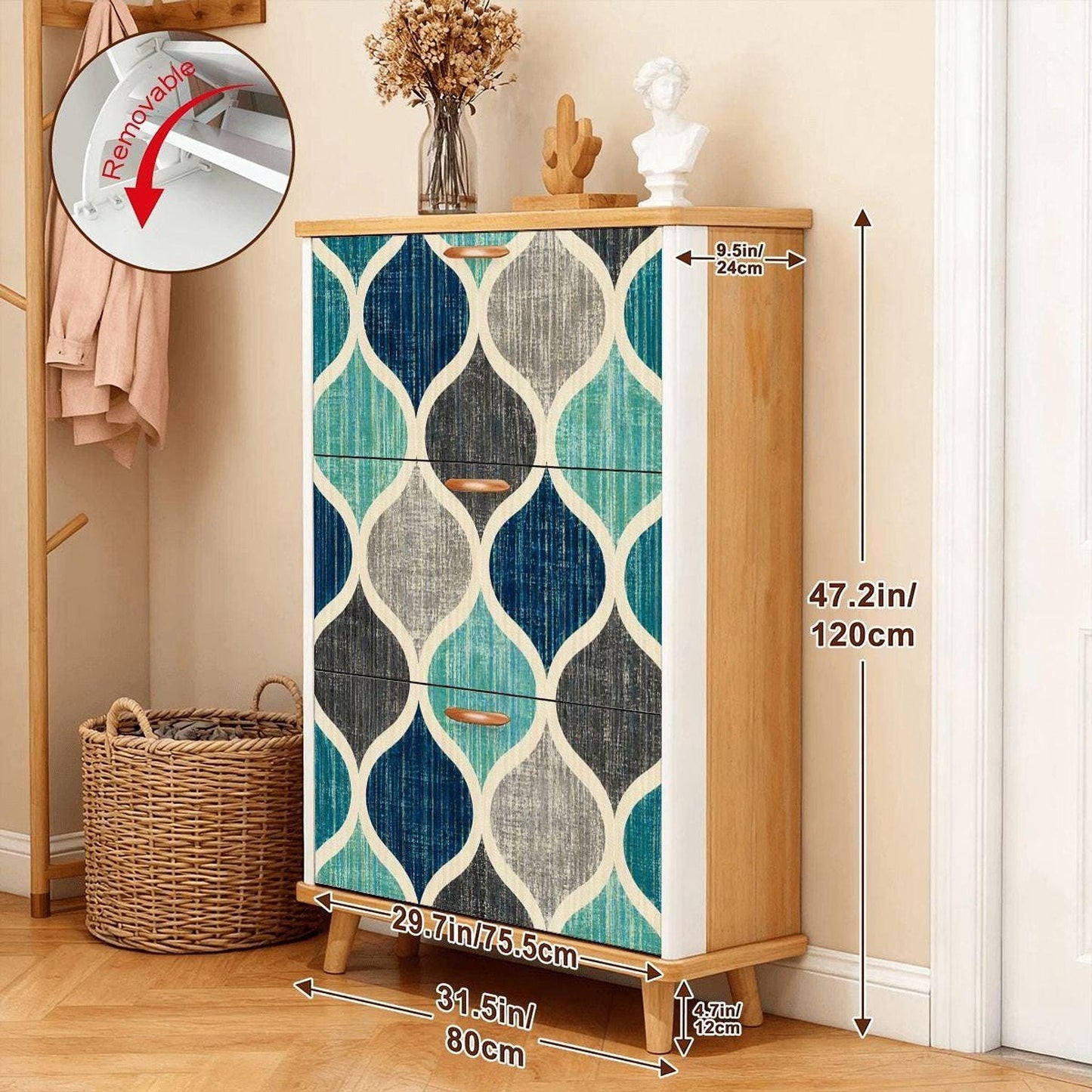 Retro Chic Shoe Storage Mid-Century Cabinet with Colorful Mosaic Design and 3 Flip Drawers