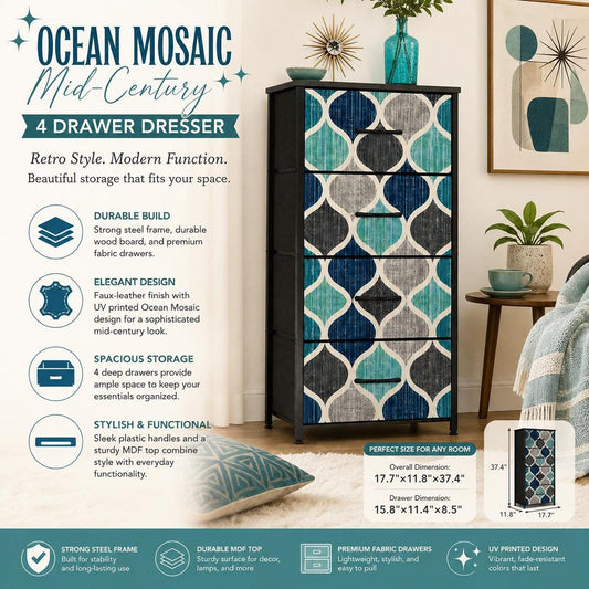 Ocean Mosaic Mid-Century Dresser with 4 Drawers, Compact Storage Solution