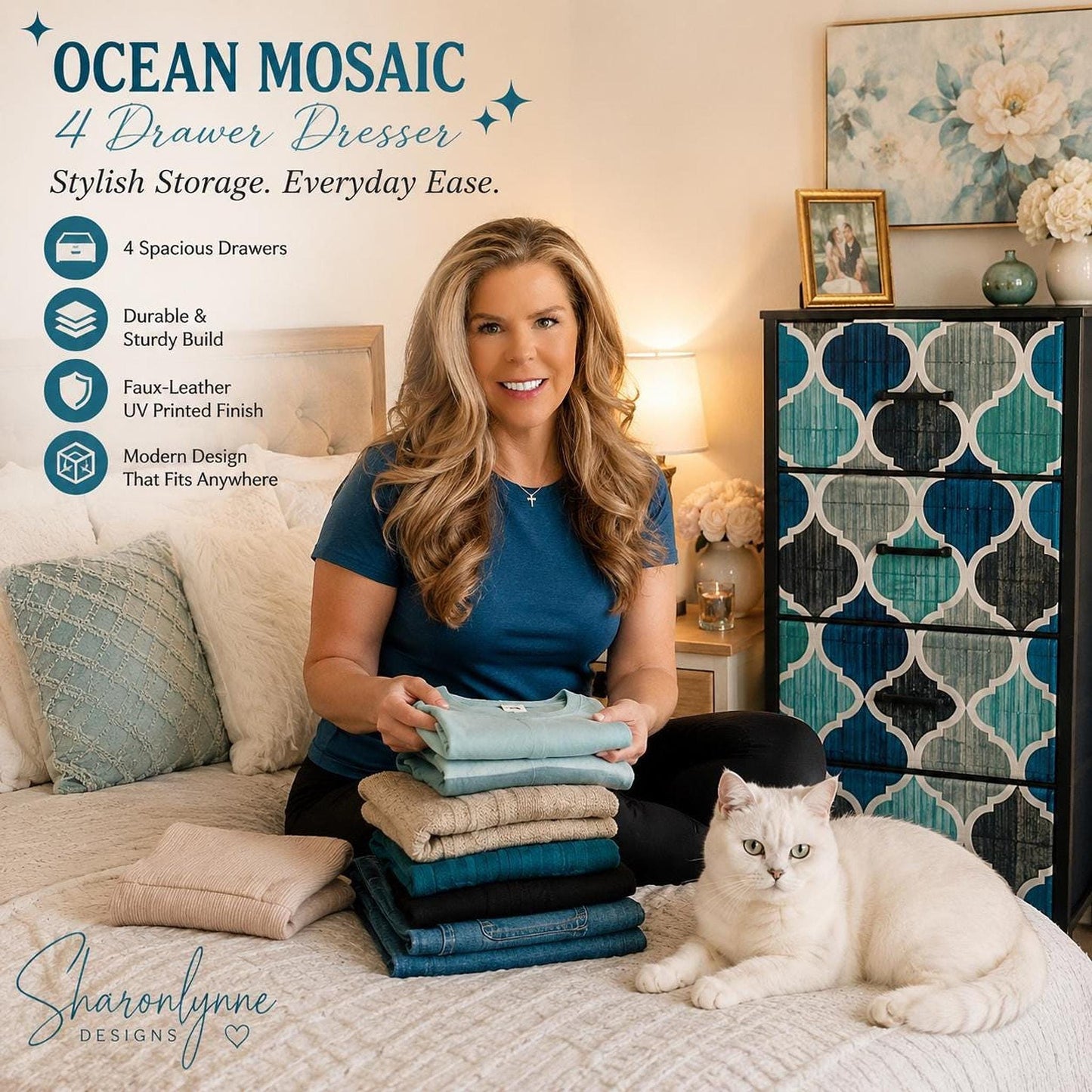 Ocean Mosaic Mid-Century Dresser with 4 Drawers, Compact Storage Solution