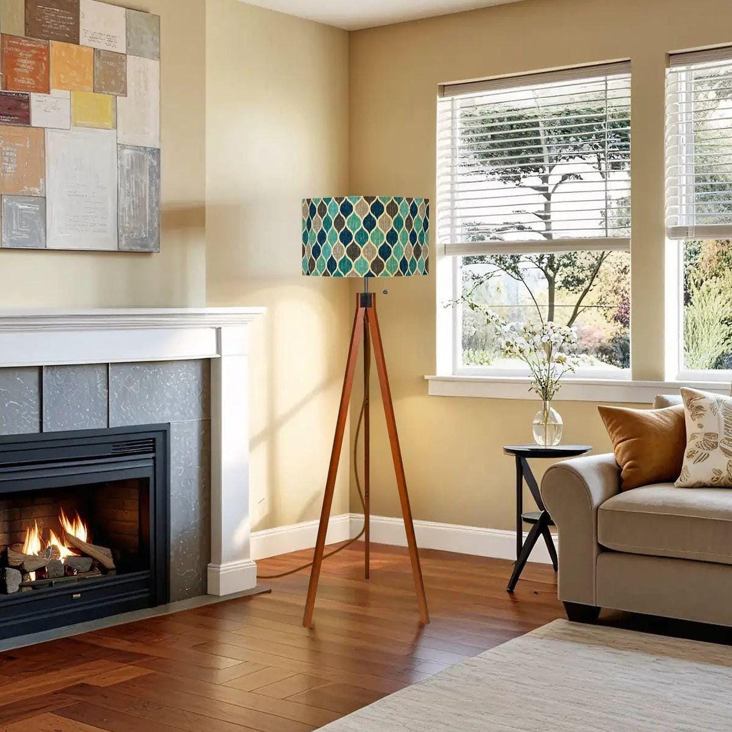 Mid Century Lamp with Ocean Mosaic Shade, Tripod Floor for Living Room