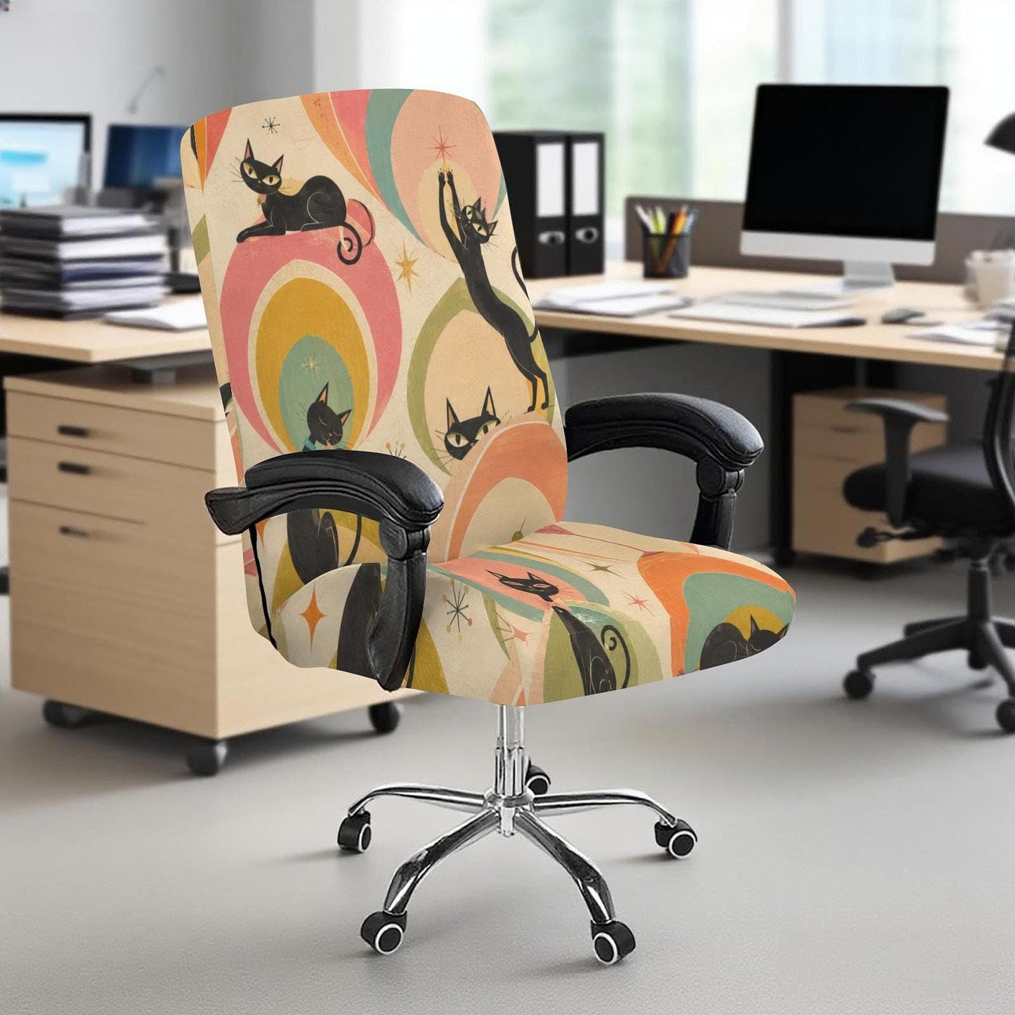 Retro Cat Office Chair Cover – Vibrant Slipcover for Mid-Century Modern