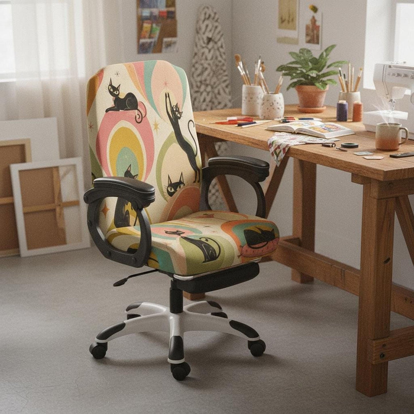 Retro Cat Office Chair Cover – Vibrant Slipcover for Mid-Century Modern