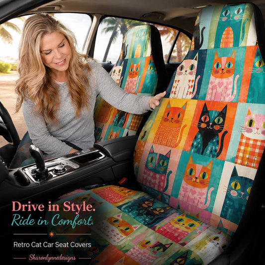 Retro Car Seat Cover, Colorful Cats Design, Universal Fit and Machine Washable