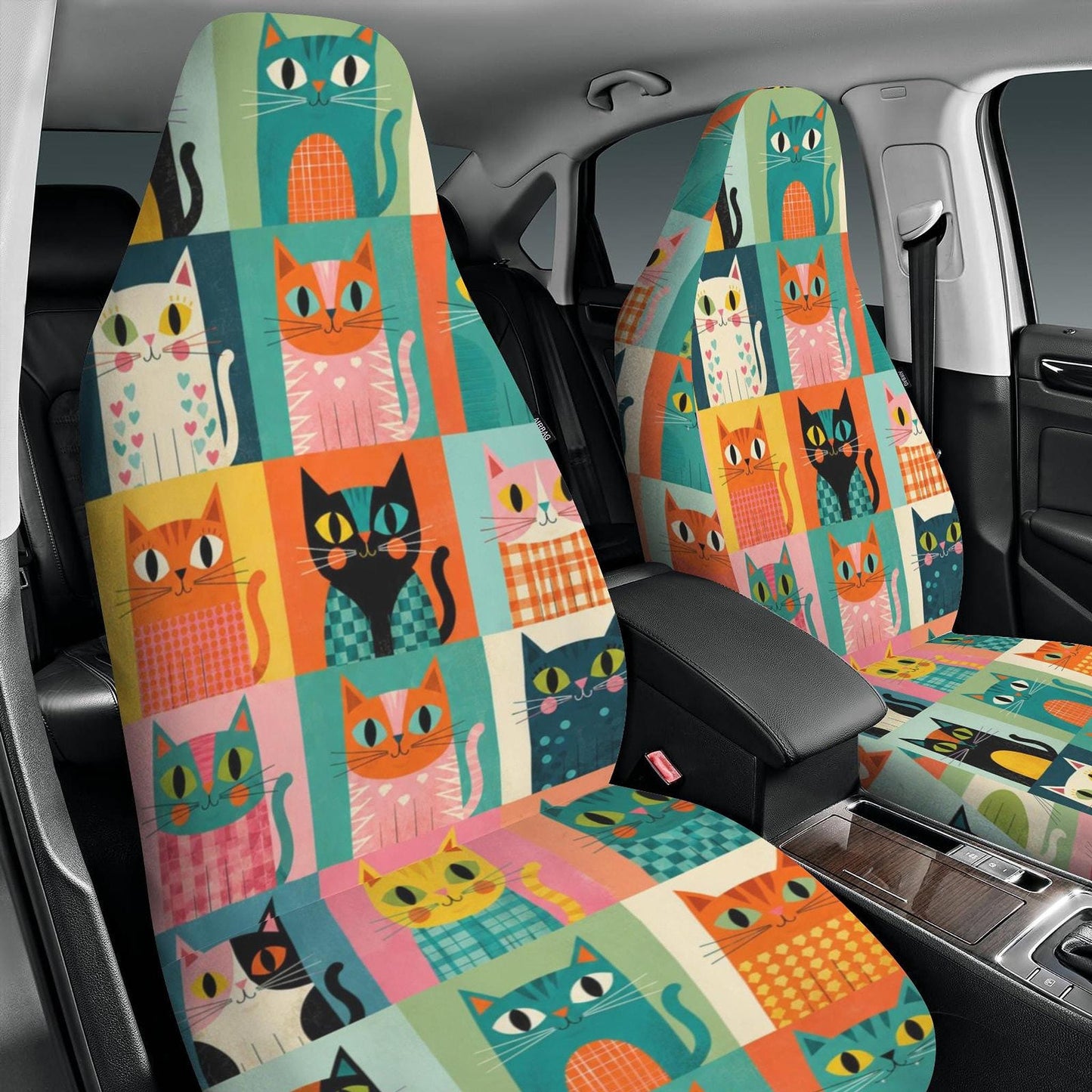 Retro Car Seat Cover, Colorful Cats Design, Universal Fit and Machine Washable