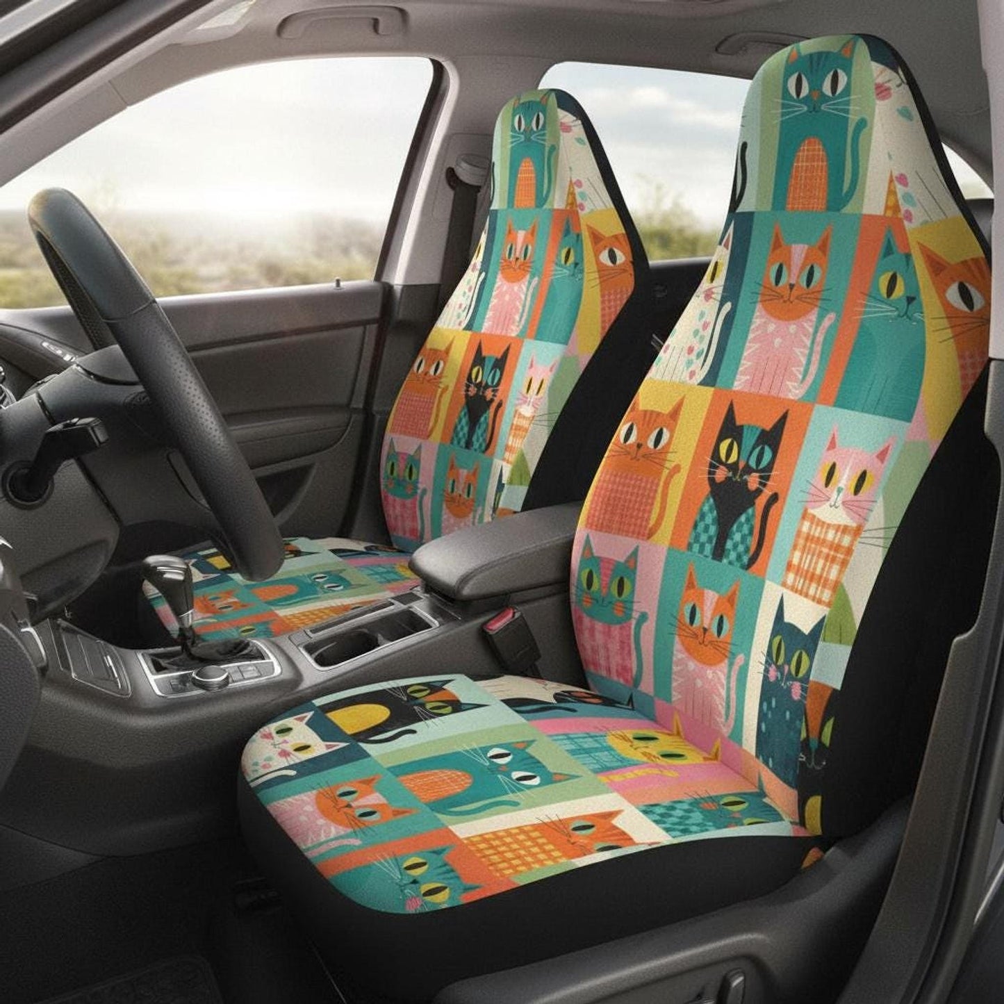 Retro Car Seat Cover, Colorful Cats Design, Universal Fit and Machine Washable