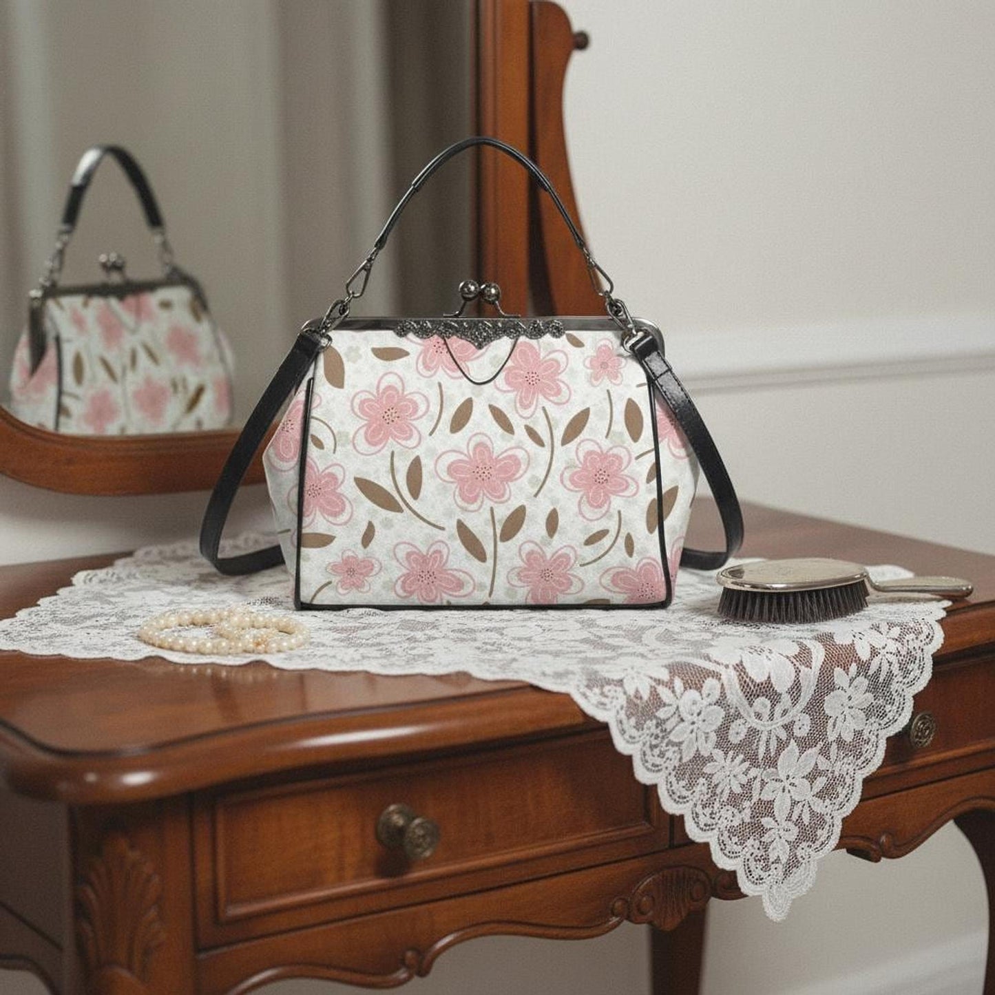 Vintage Floral Kiss Lock Handbag, Soft Pink Waxed PU Leather Crossbody Bag