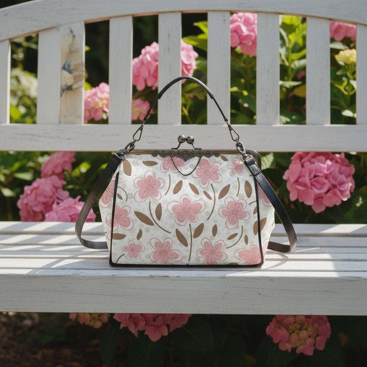 Vintage Floral Kiss Lock Handbag, Soft Pink Waxed PU Leather Crossbody Bag