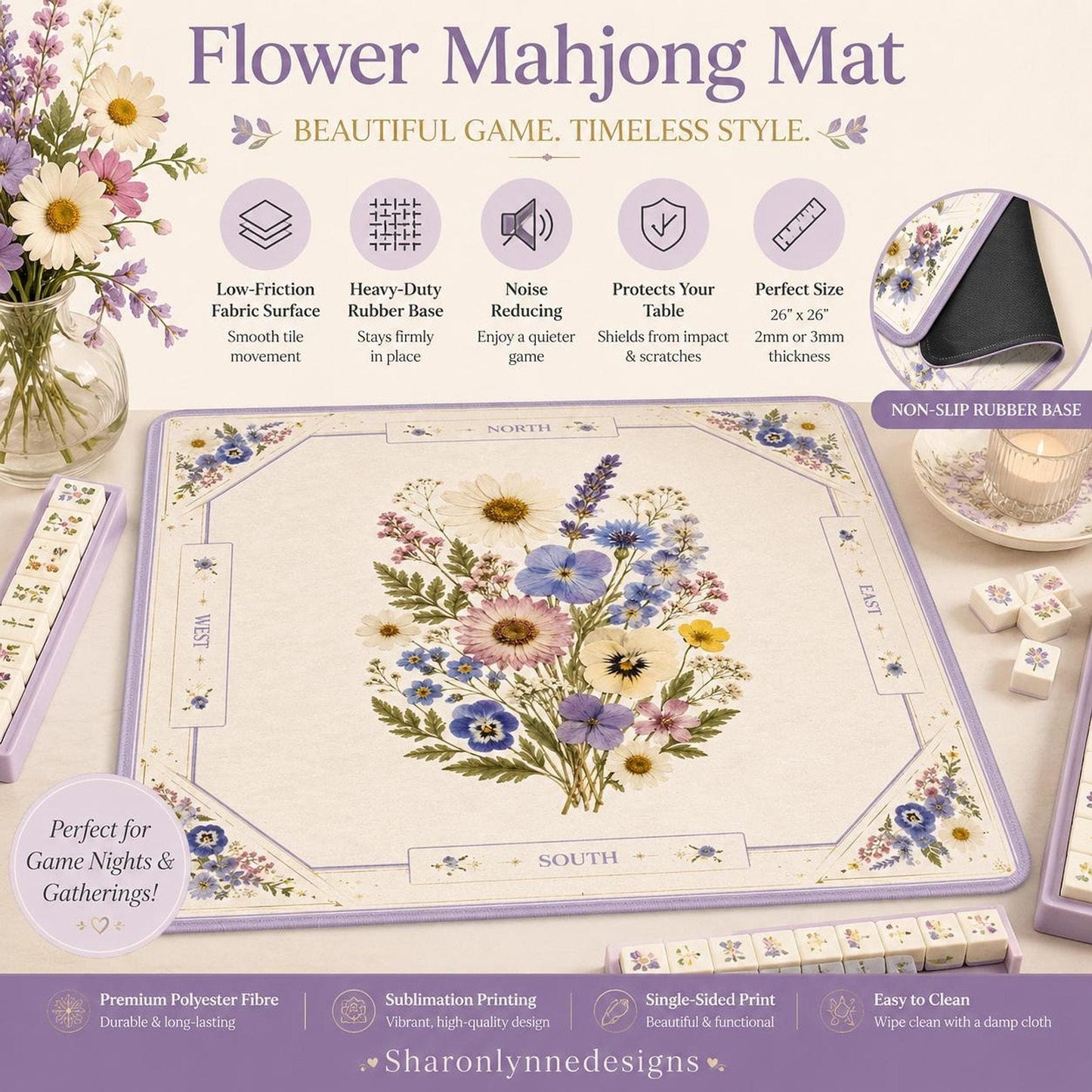 Floral Mahjong Mat, Elegant Flower Design with Non-Slip Rubber Base