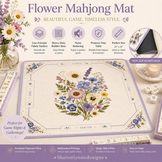Floral Mahjong Mat, Elegant Flower Design with Non-Slip Rubber Base