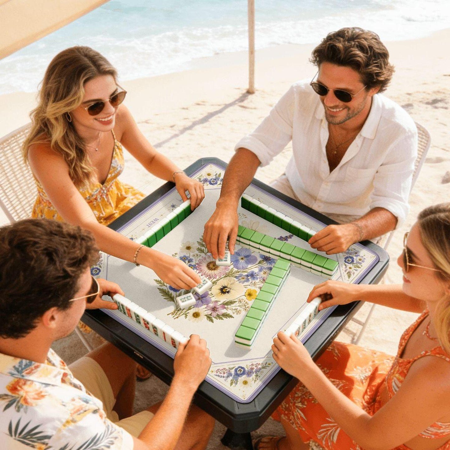Floral Mahjong Mat, Elegant Flower Design with Non-Slip Rubber Base