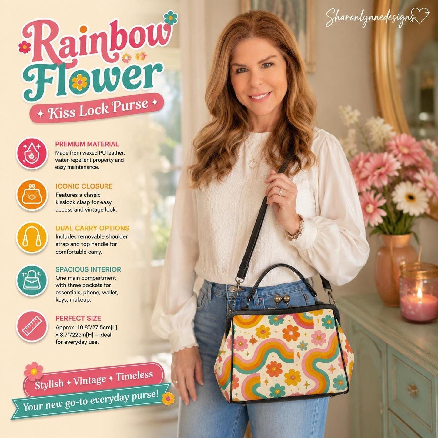Rainbow Purse, Vintage Floral Kiss Lock Crossbody Handbag
